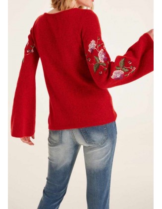 Raudonas siuvinėtas megztinis
