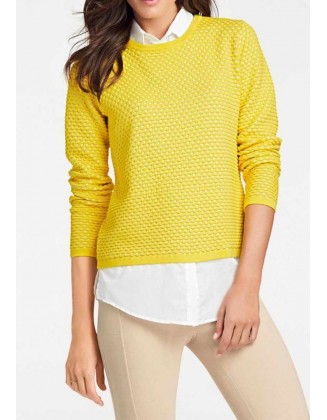 Geltonas megztinis su marškinių imitacija