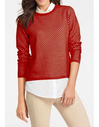 Raudonas megztinis su marškinių imitacija