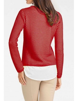 Raudonas megztinis su marškinių imitacija
