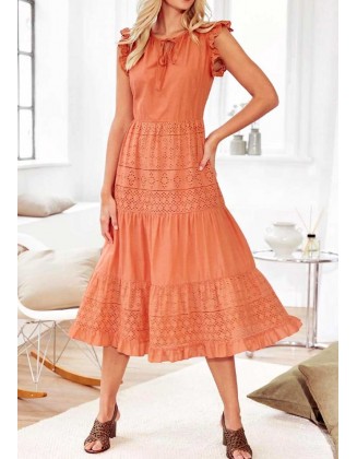 Oranžinė siuvinėta midi suknelė